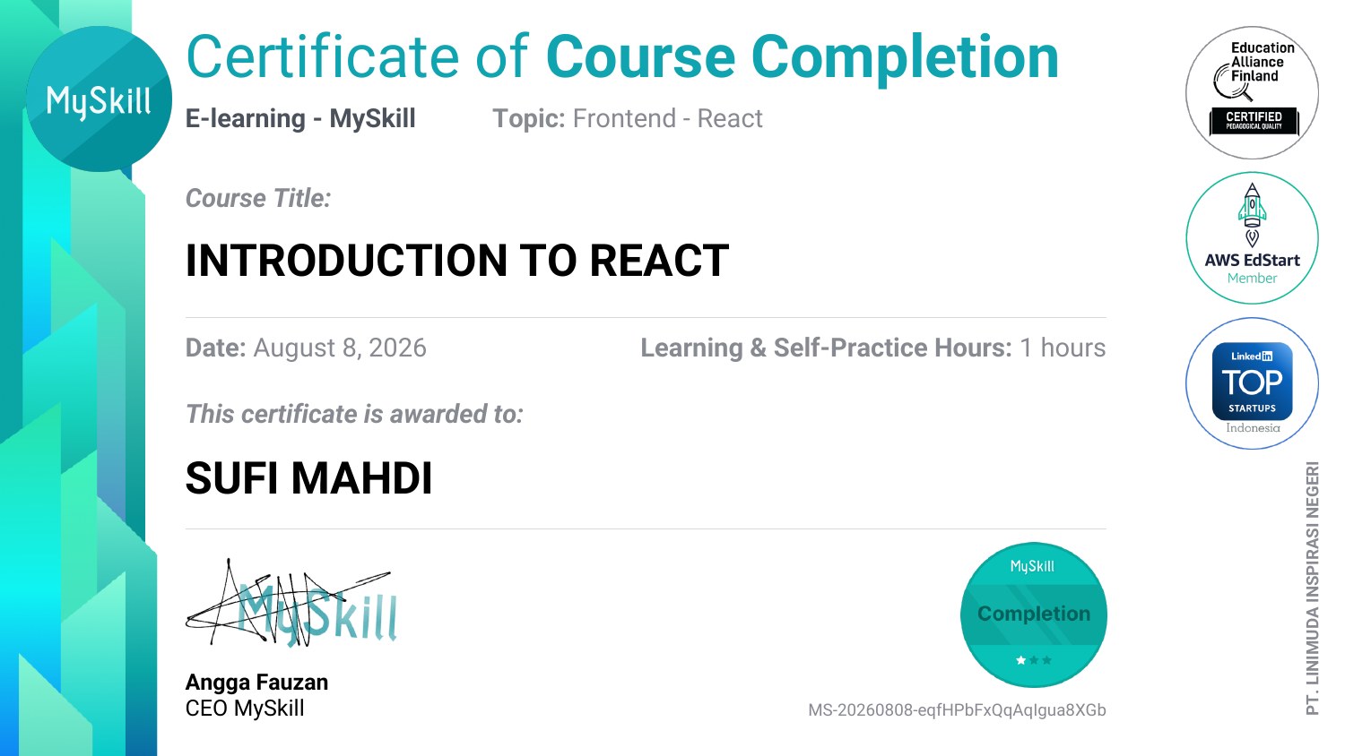 Sertifikat Introduction to React — MySkill (Frontend — React)