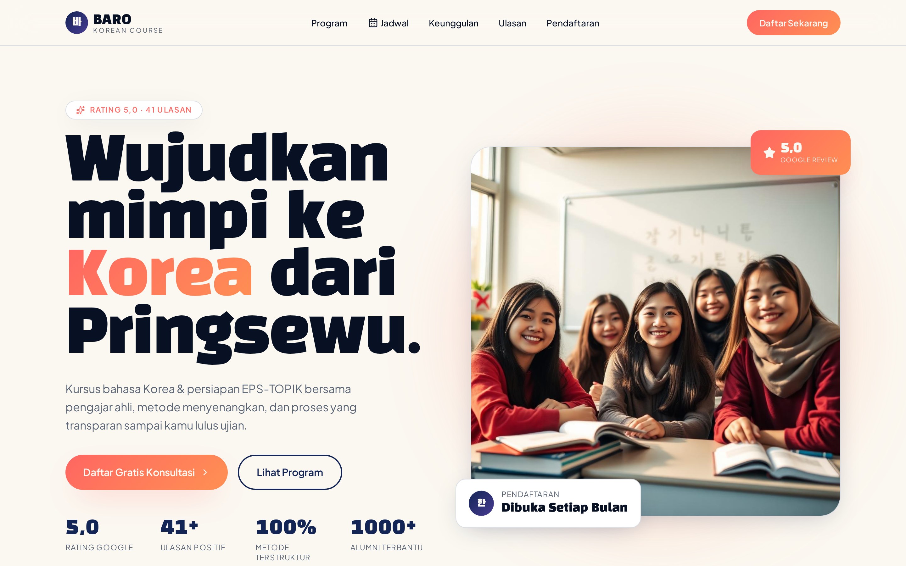 Tampilan website Baro Korean Course